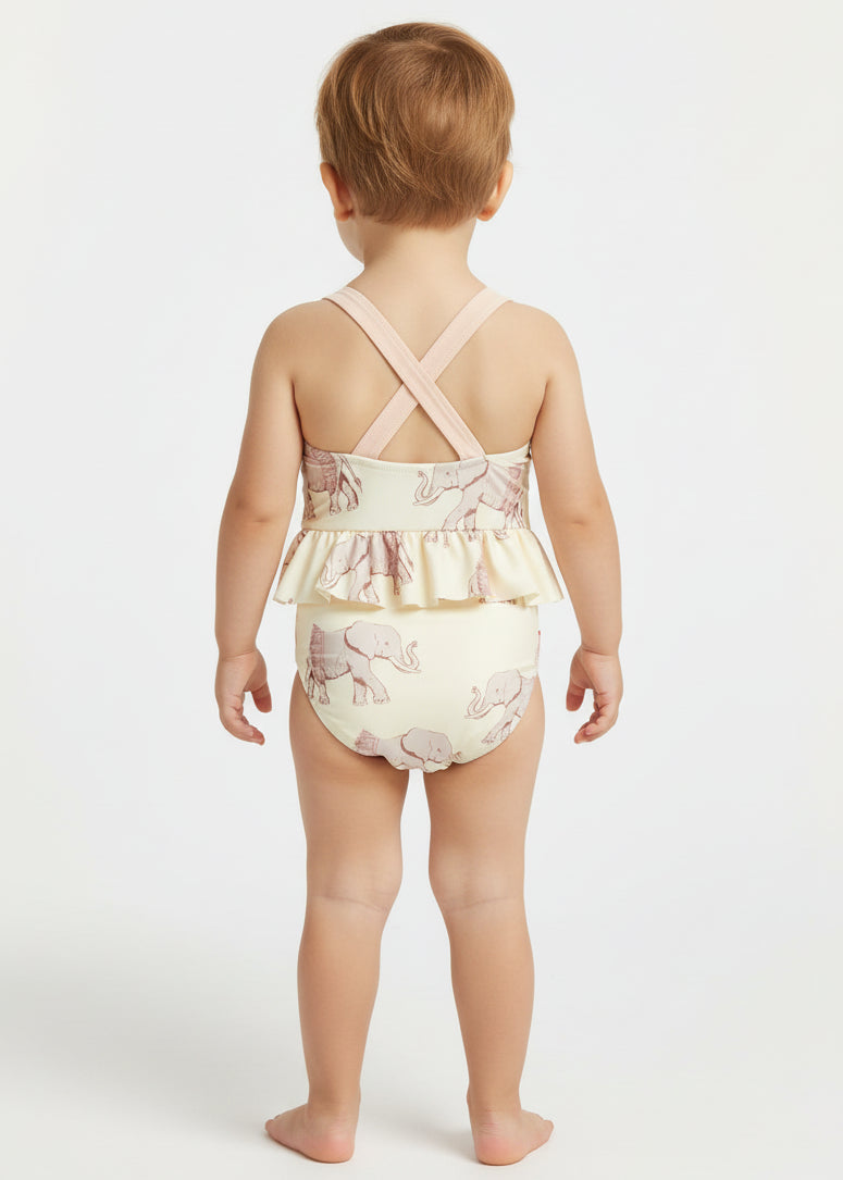 One-piece swimsuit with elephant pattern on a white background