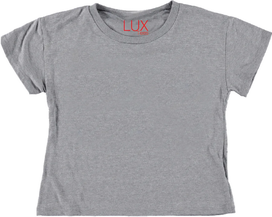 Gray t-shirt with 'LUX' logo on a white background