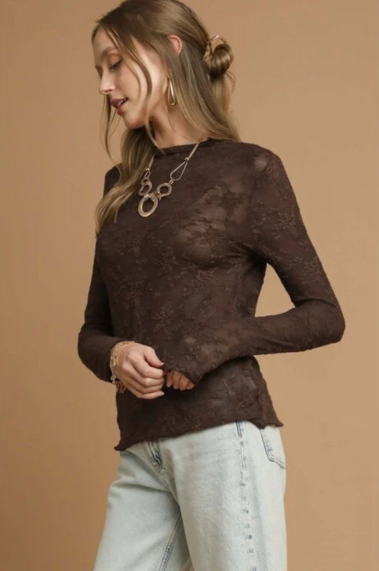Brown Lace Long Sleeve Top
