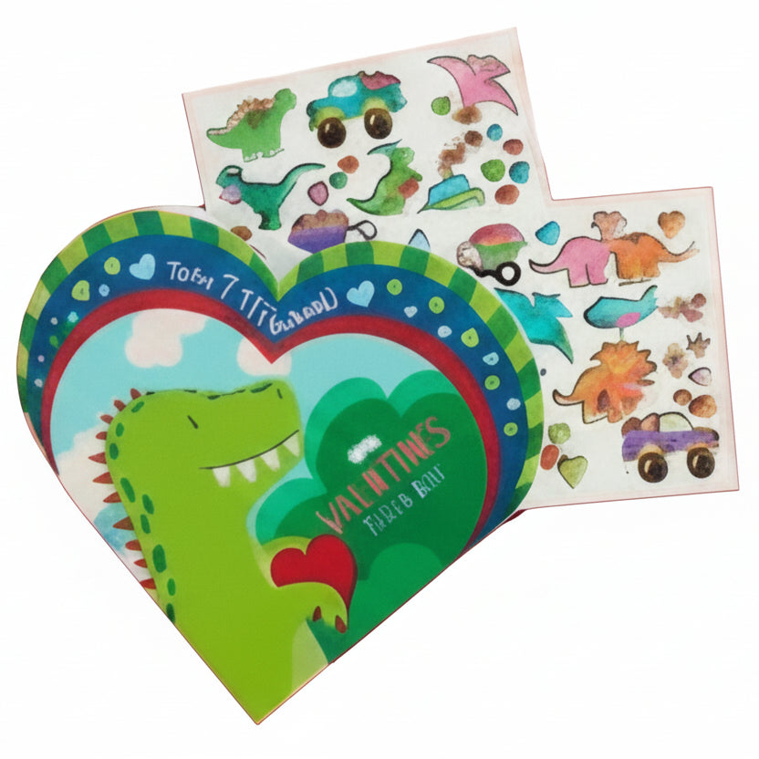 Heart-shaped Valentine's card with dinosaur design and additional stickers on a white background