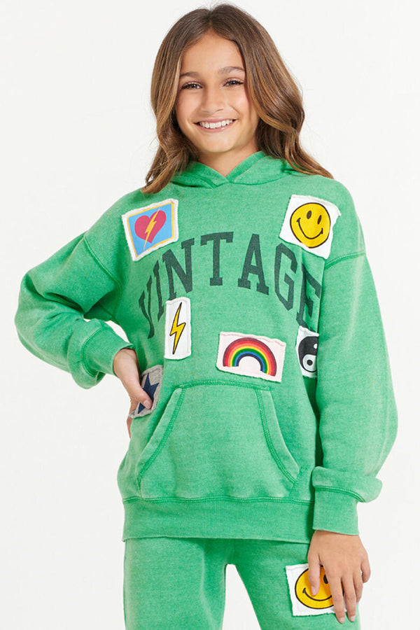 Girls Vintage Pullover Hooded Sweatshirt with Patches