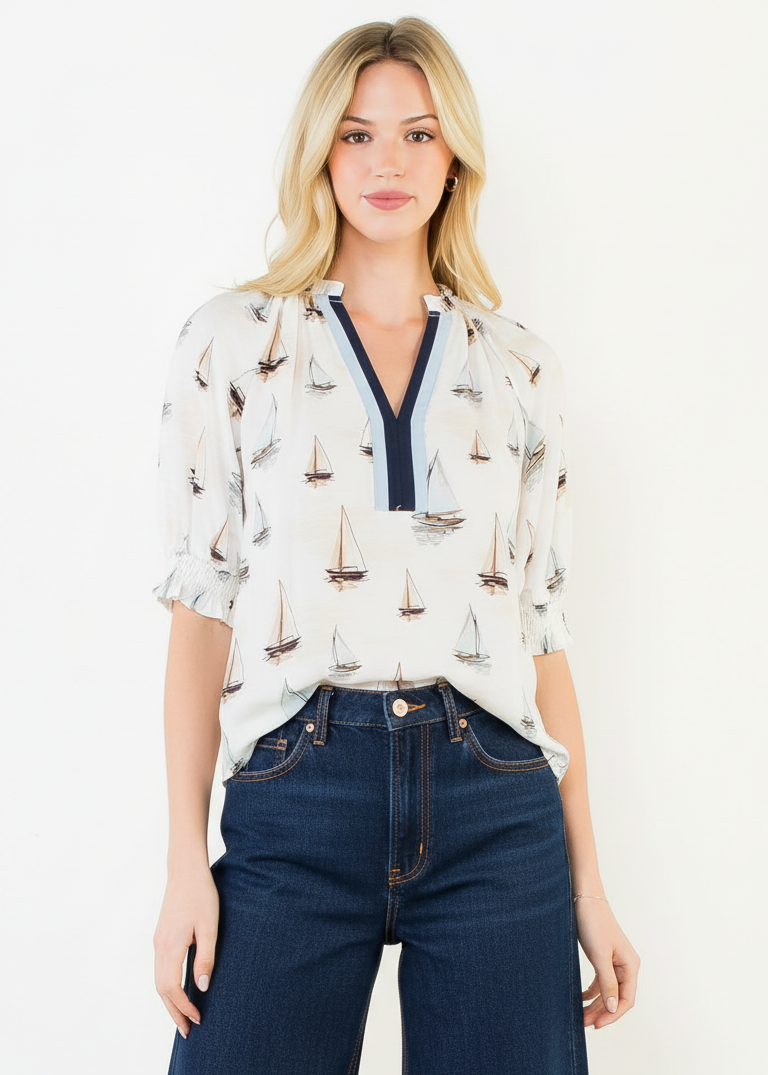 THML Sailboat Pattern V-Neck Top