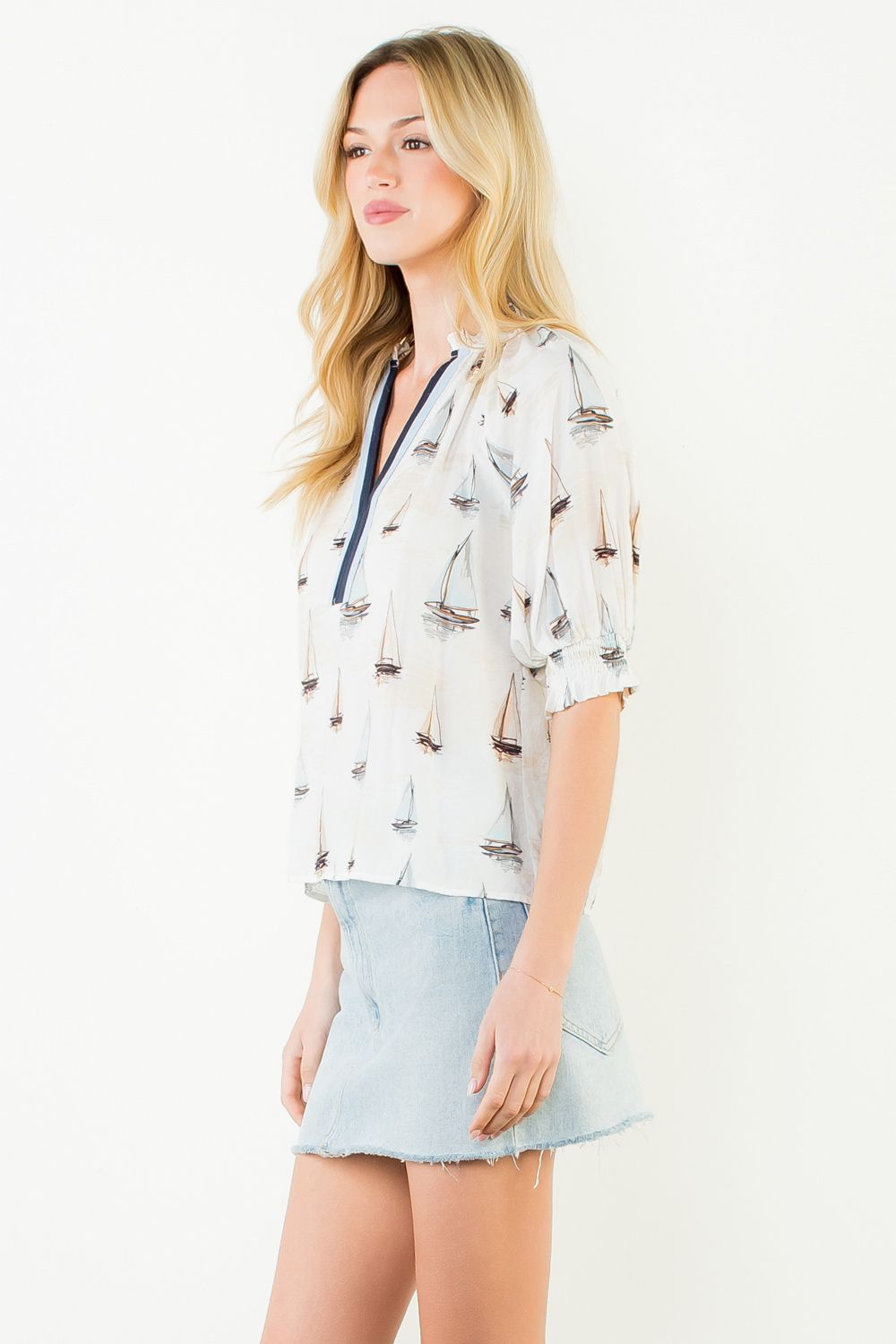 THML Sailboat Pattern V-Neck Top