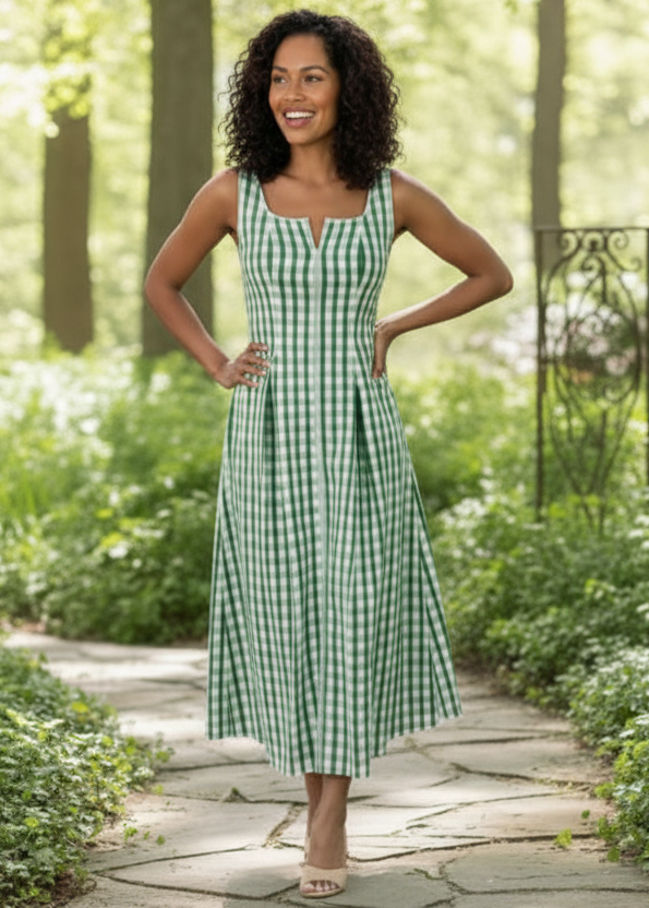 Woman wearing a green checkered dress standing on a stone path in a garden.