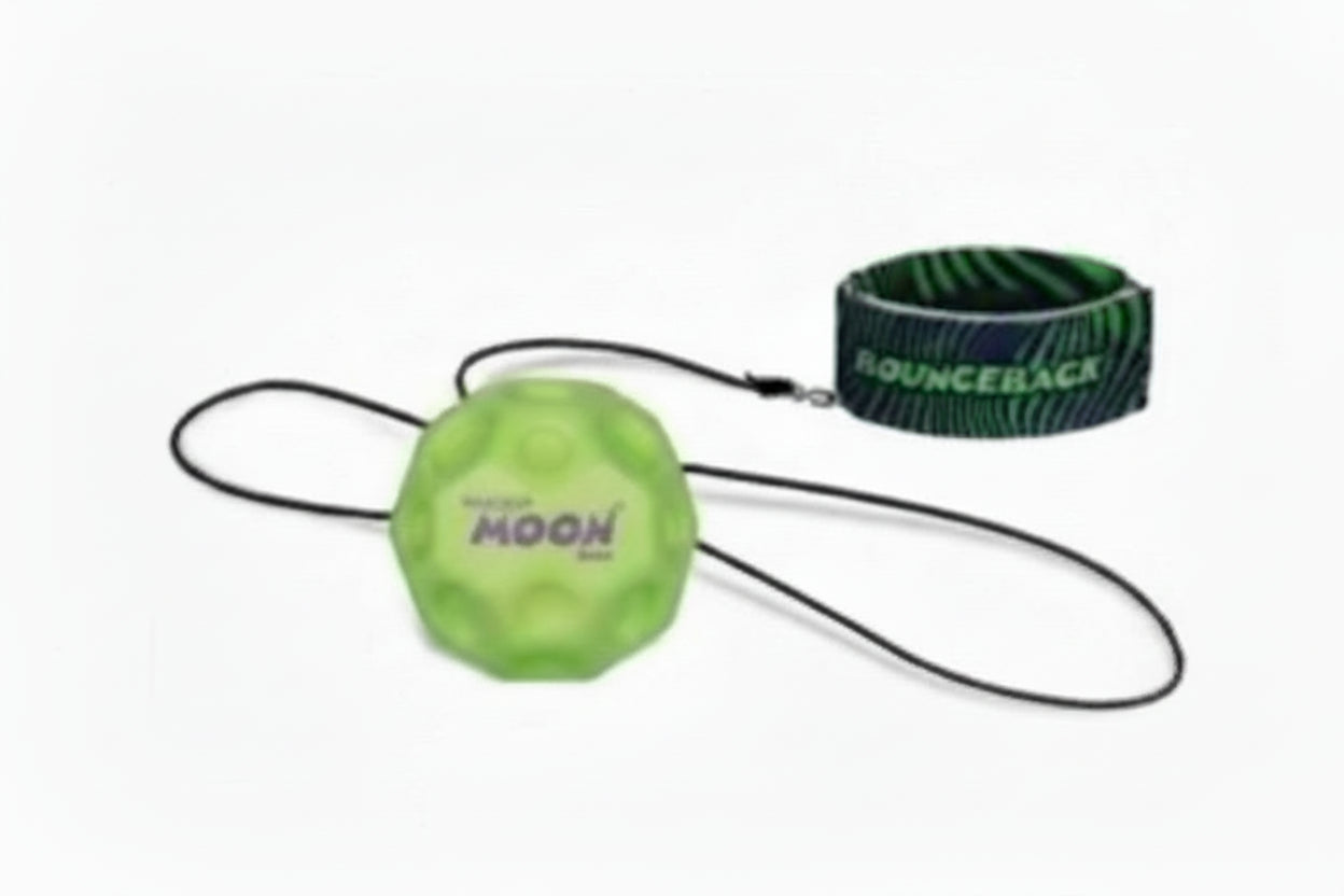 Green ball with a handle labeled 'MOON' and a band labeled 'Bounceback' on a white background