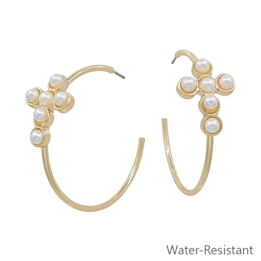 Water Resistant Gold Hoop with Pearl Beaded Cross