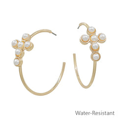 Water Resistant Gold Hoop with Pearl Beaded Cross