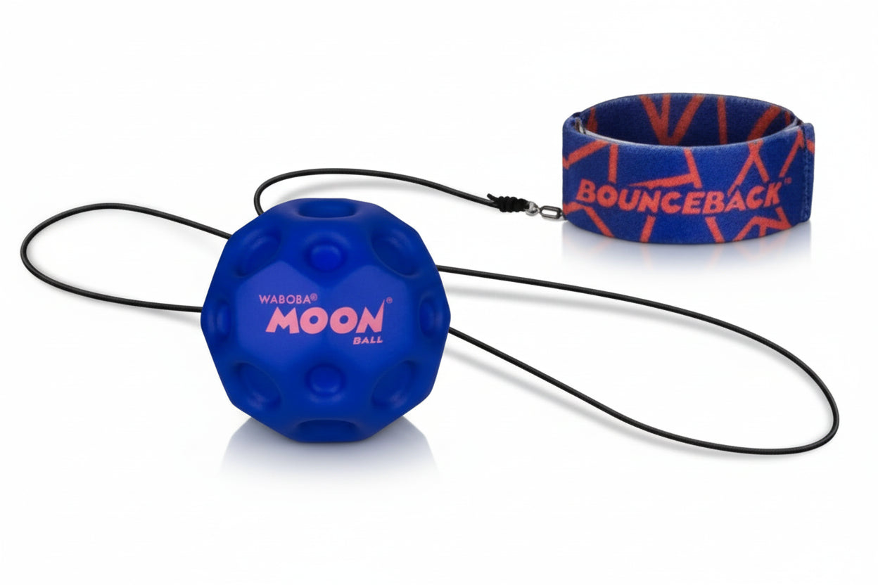 Blue 'MOON' ball with a strap labeled 'Bounceback' on a white background