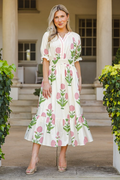 Women's Floral Smocked Waist Tiered Midi Dress