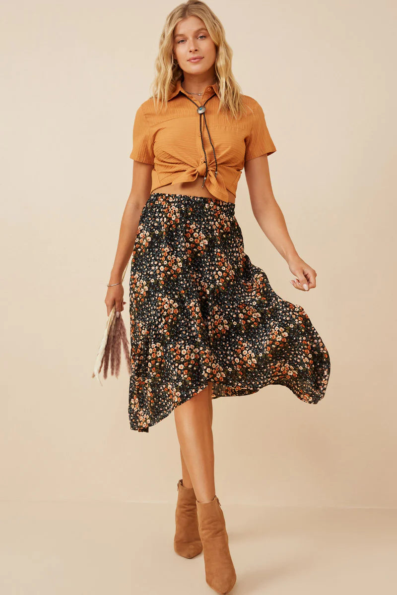 Floral Print Asymmetric Midi Skirt