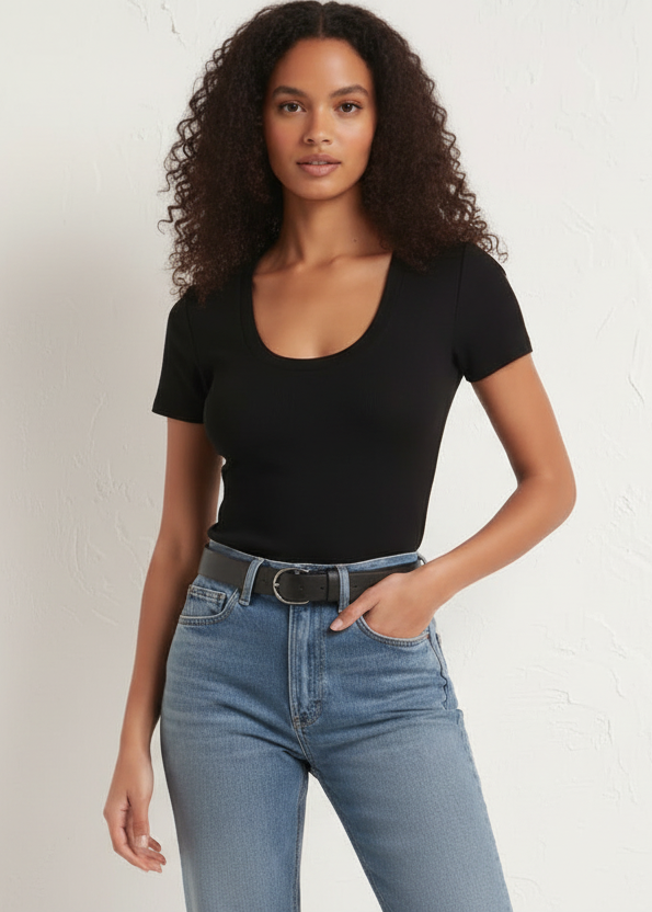 Woman wearing a black t-shirt and blue jeans against a white background