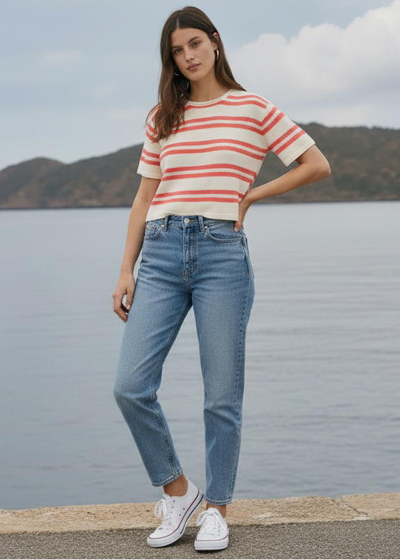 Woman wearing a red and white striped sweater with a scenic background