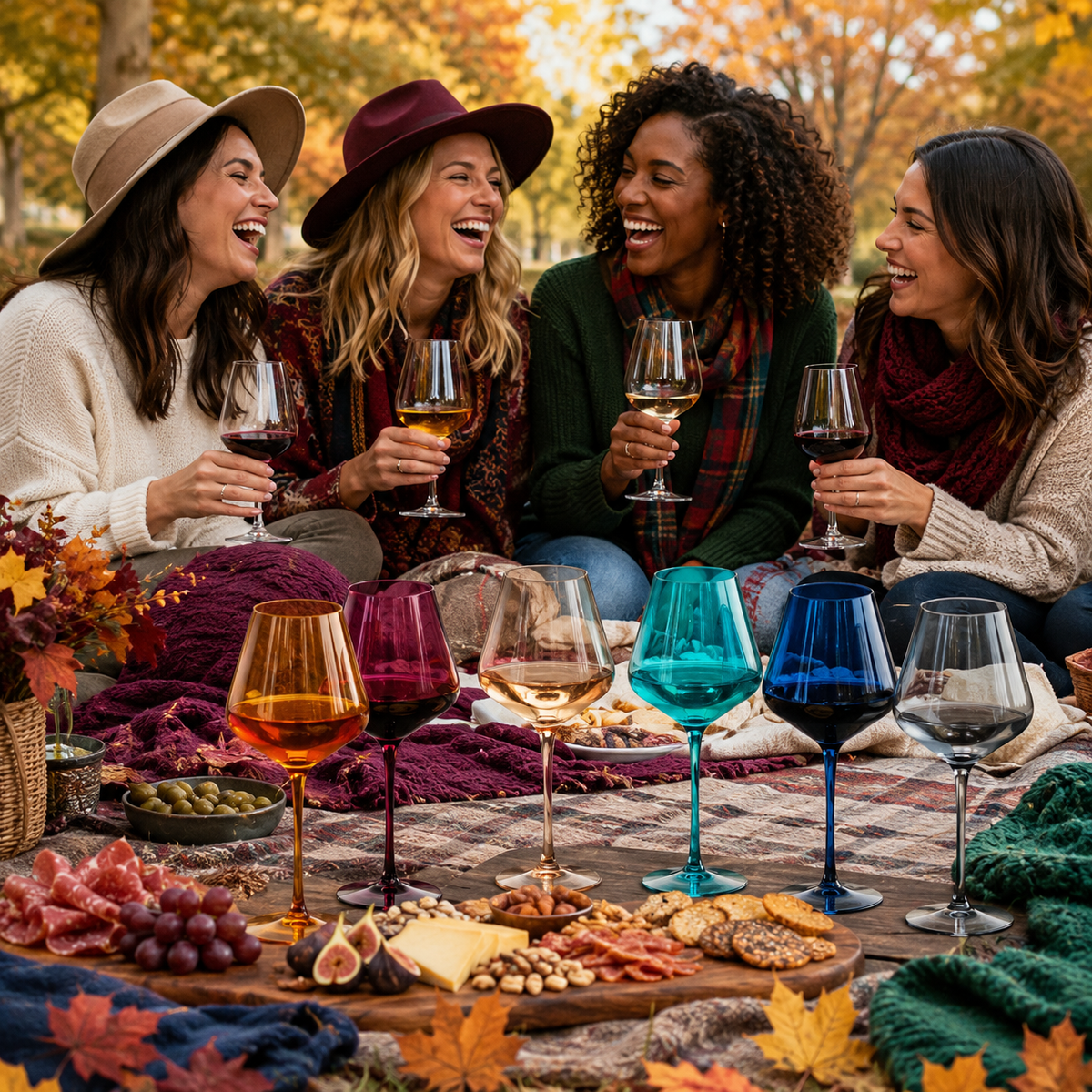 Four women laughing together outdoors at a picnic, each holding a wine glass. Colorful wine glasses in amber, purple, white, teal, blue, and black are arranged on a blanket in the foreground, alongside grapes, cheese, crackers, and autumn leaves.