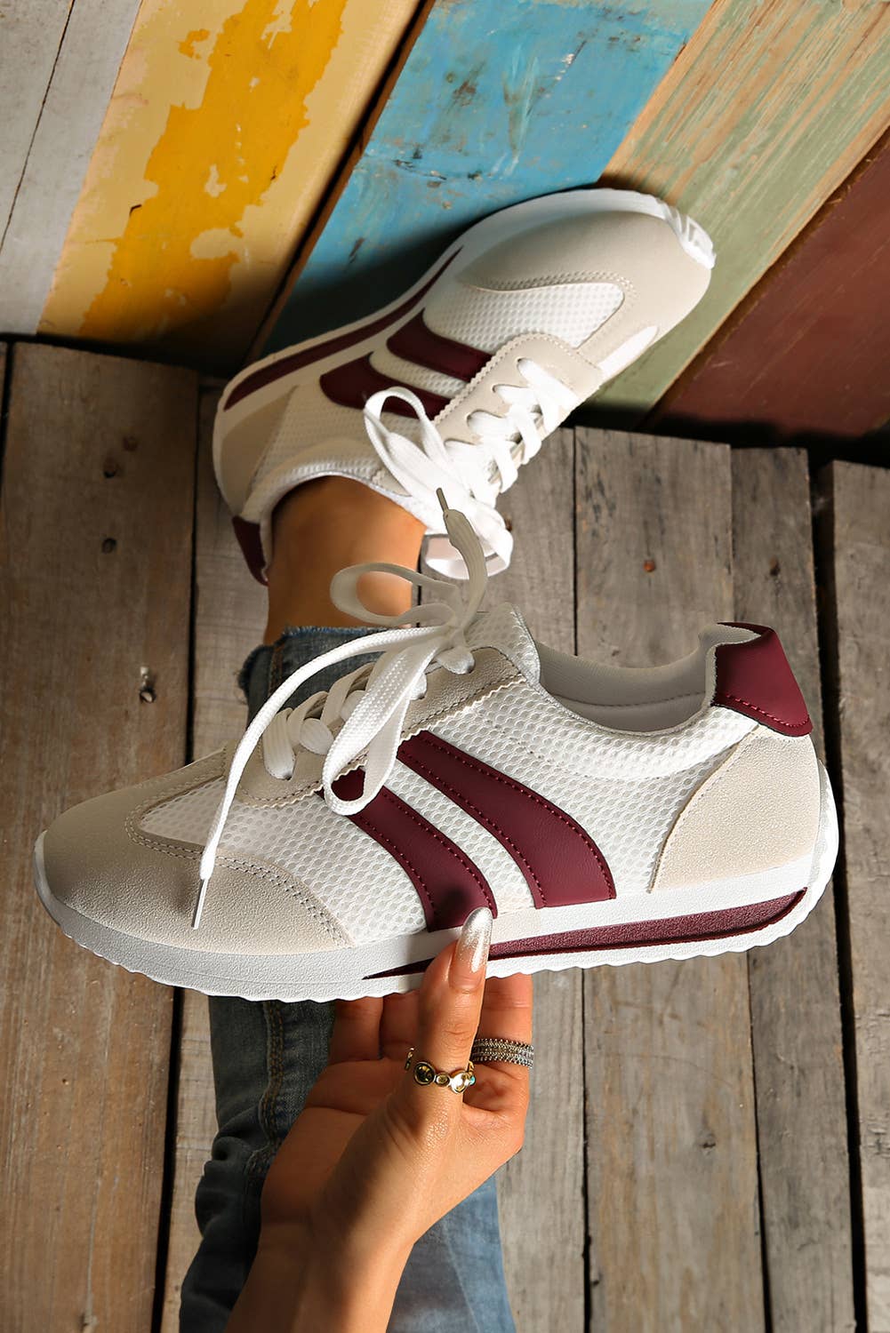 Garnet & White Lace-up Sneakers