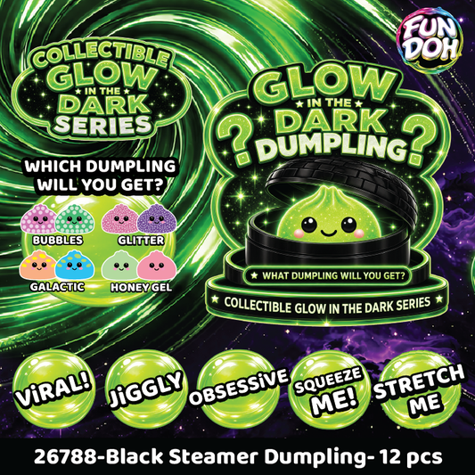 Glow-in-the-dark dumpling toy packaging with various flavors and a black steamer dumpling.