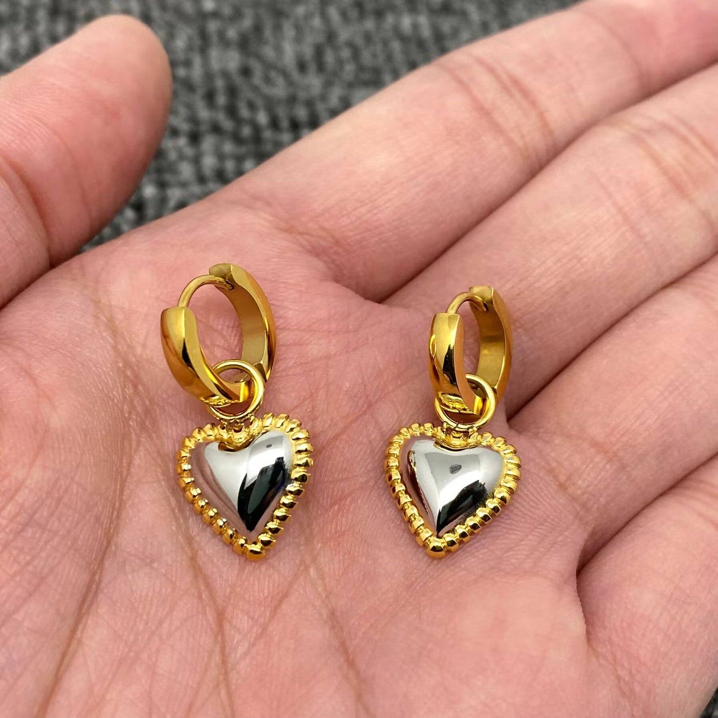 Two Tone Heart 18K Gold Plated S.Steel Huggie Earrings