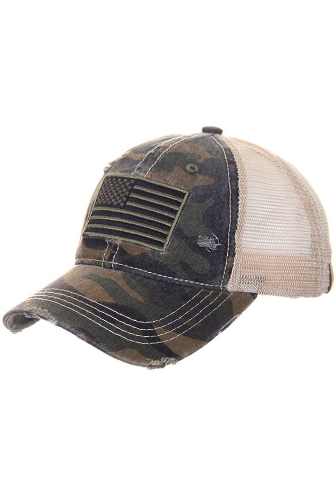 Camouflage baseball cap with American flag patch on a white background