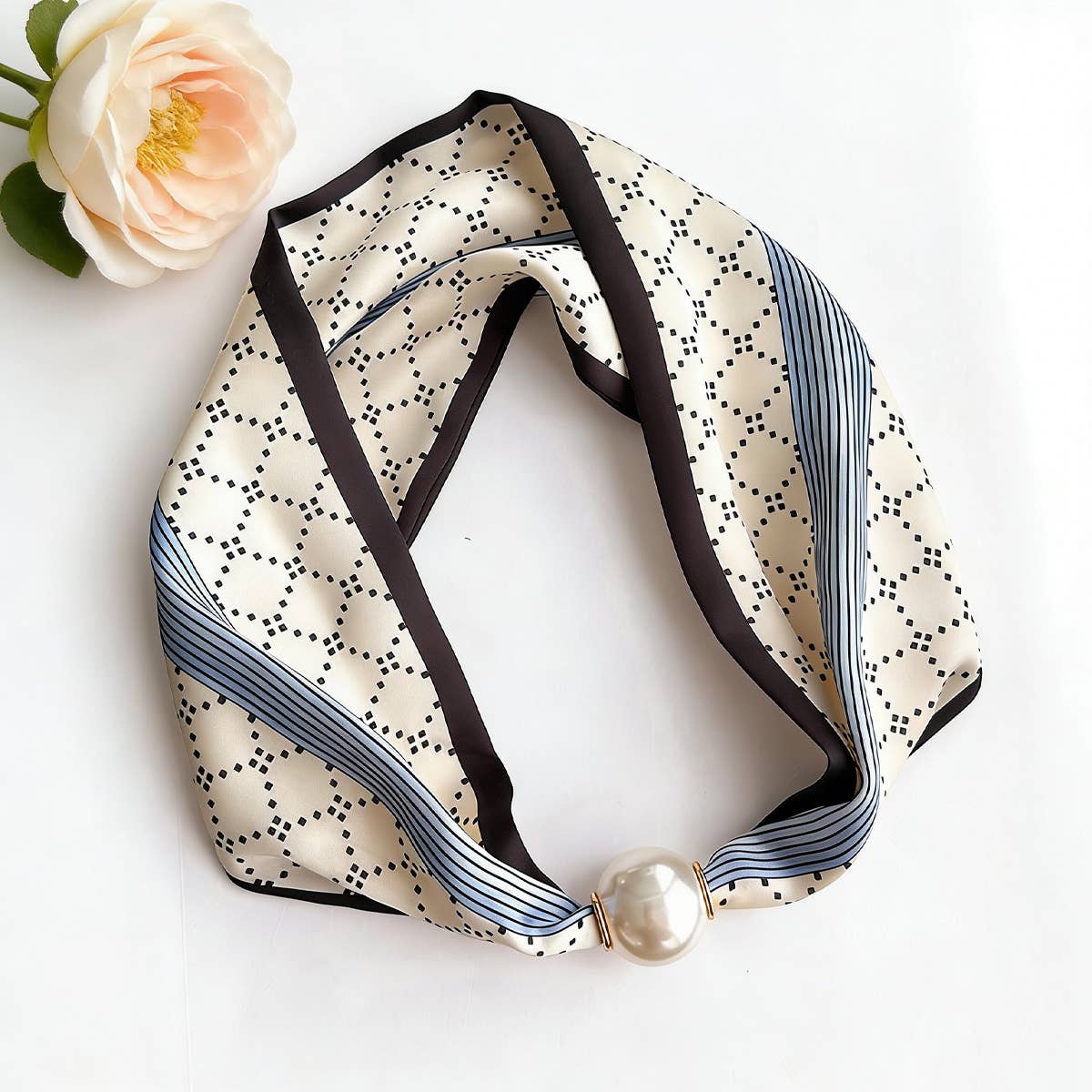 Silky Print Scarf Necklace with Magnetic Pearl Clasp