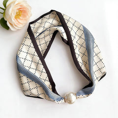 Silky Print Scarf Necklace with Magnetic Pearl Clasp
