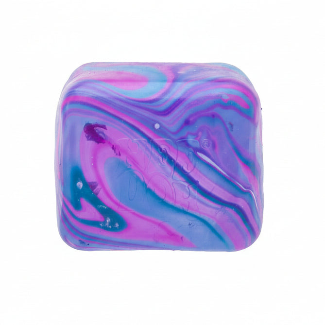 Colorful marbled cube with 'Curious Minds Busy Bags' branding on a white background