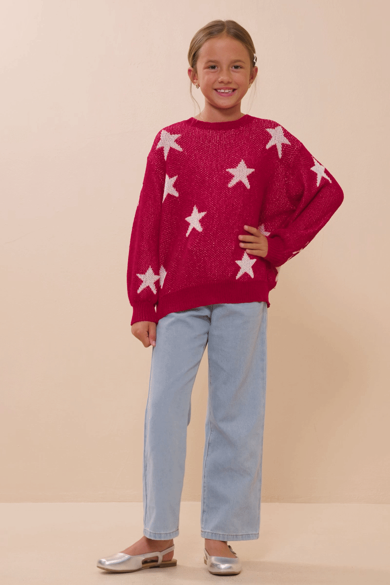 Girls Star Print Loose Knit Sweater Top