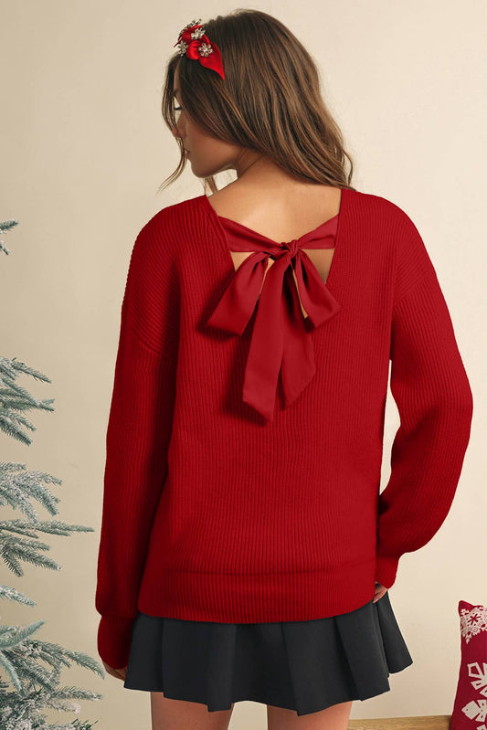 Ribbon Knot Back Drop Shoulder Sweater