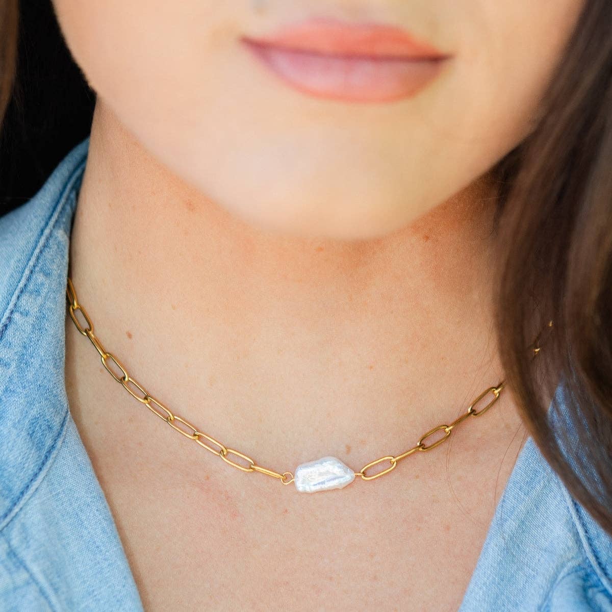 Paperclip Chain with Pearl Necklace, Water-Resistant