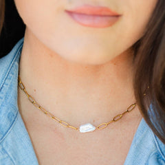 Paperclip Chain with Pearl Necklace, Water-Resistant