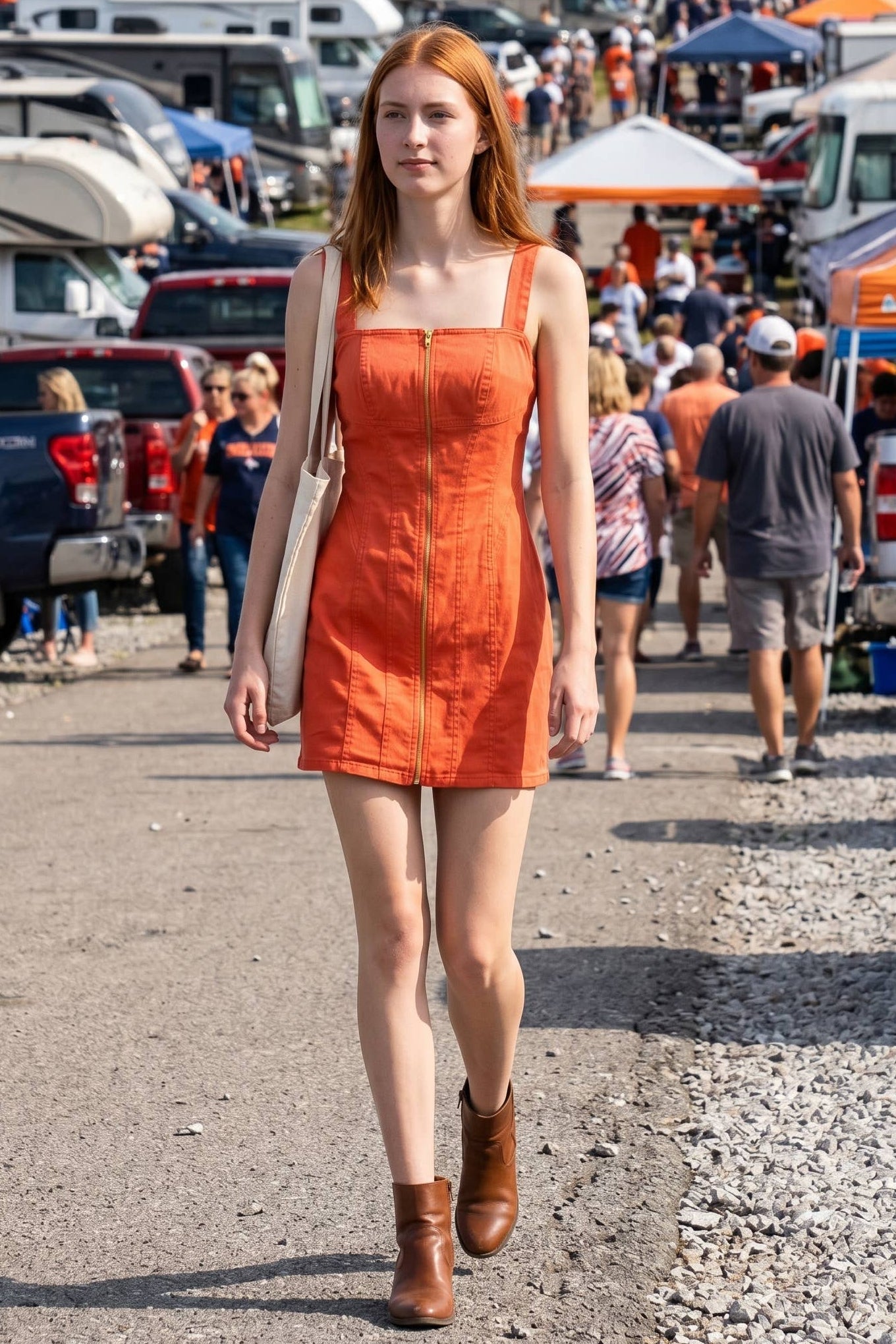 Woman in an orange dress standing in a crowded outdoor area with tents and vehicles.