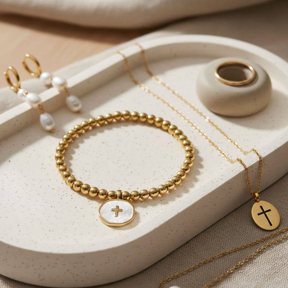 Cross Accented Shell Charm Stretch Bracelet