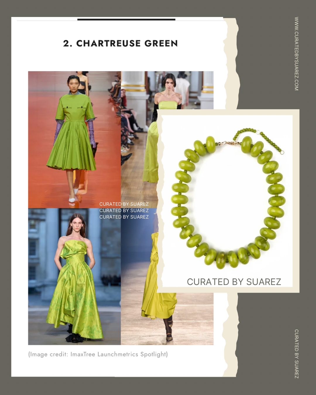 Collage of chartreuse green dresses and a necklace with text 'Curated by Suarez'.