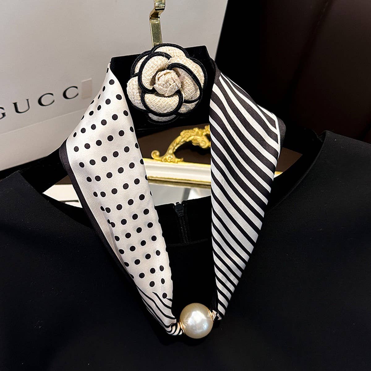 Silky Print Scarf Necklace with Magnetic Pearl Clasp