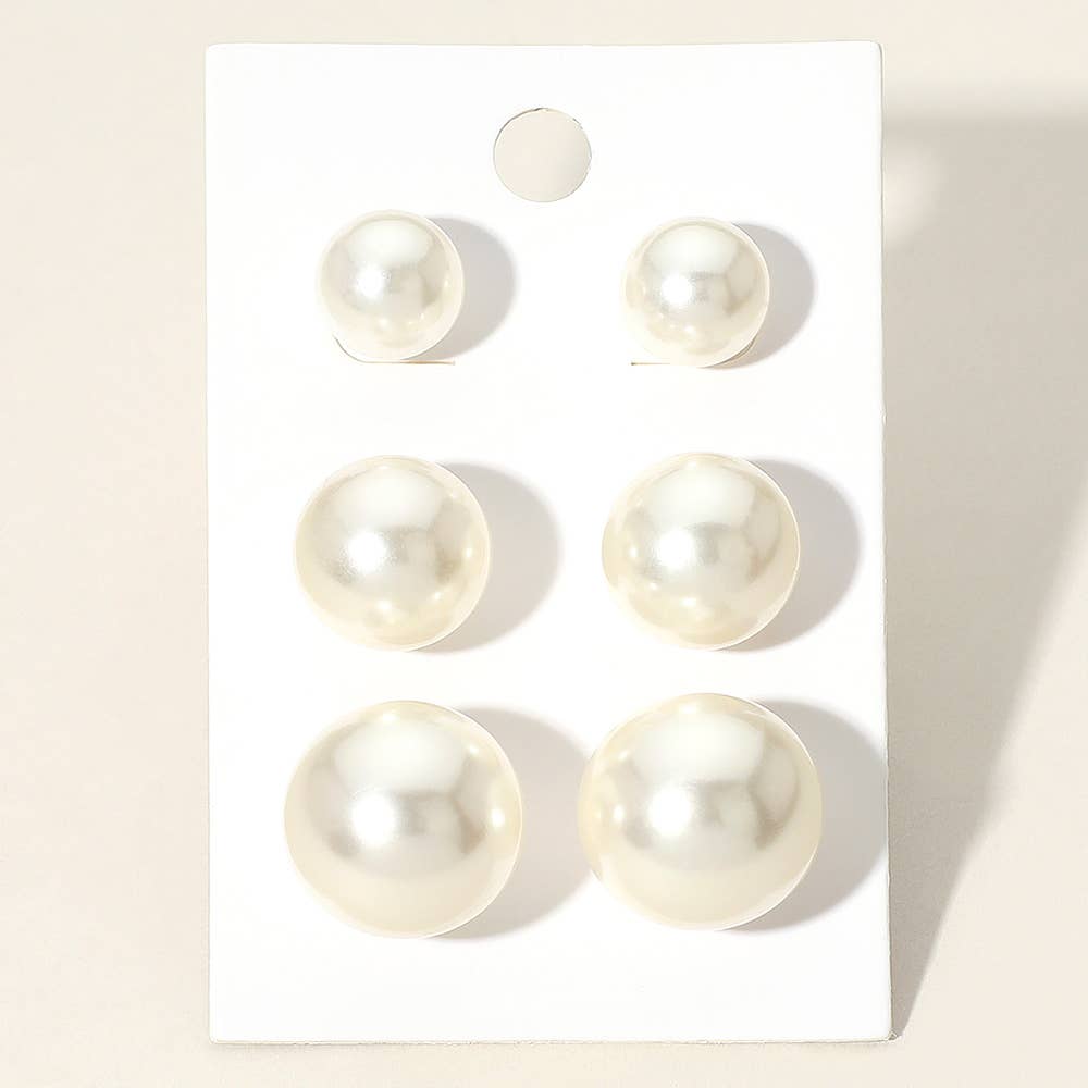 3 Pairs - Pearl Stud Earring Set
