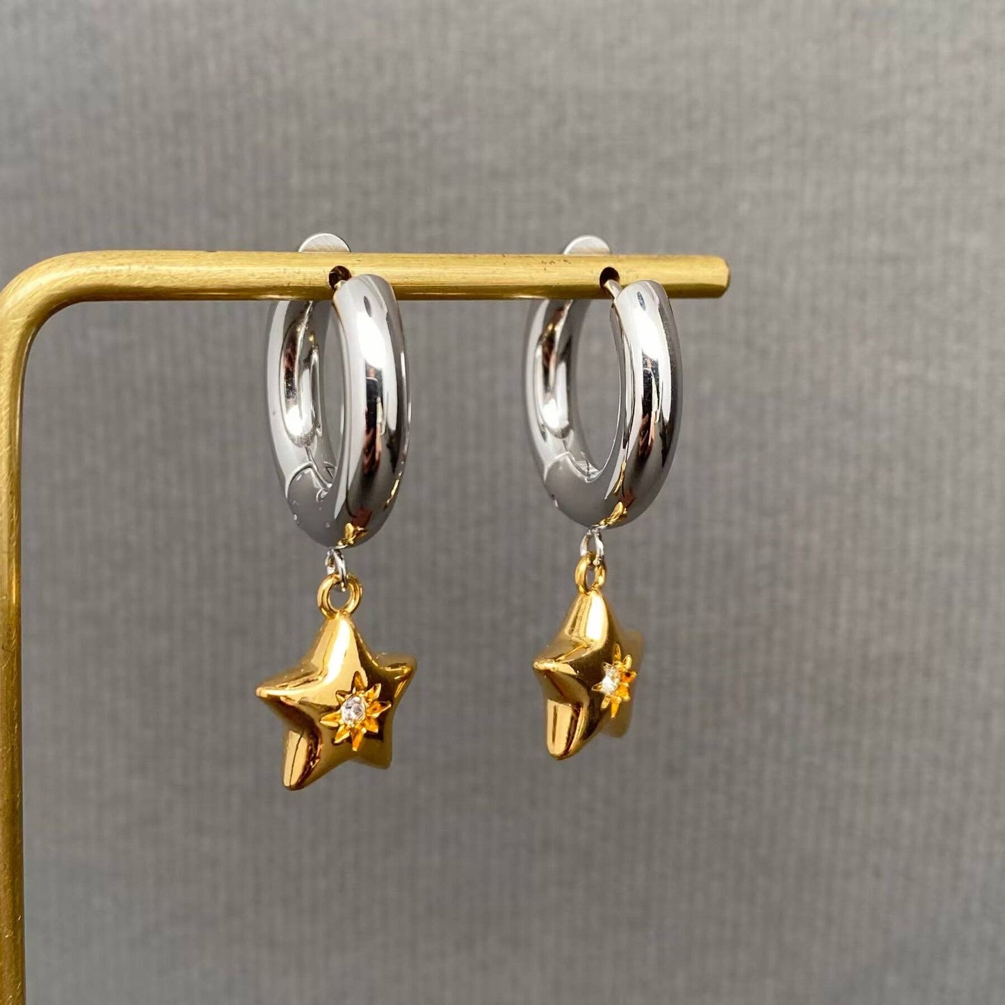 CZ Inlaid Star Two Tone 18K Golden SS Huggie Earrings