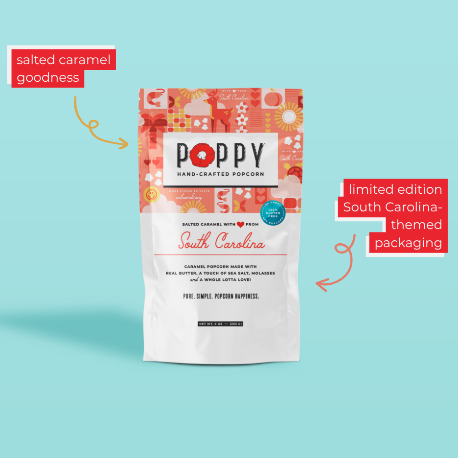 A stand-up pouch of Poppy Handcrafted Cookies Salted Caramel Goodnesses centered on a light aqua background, with two red callout boxes and arrows pointing to the product and its limited edition South Carolina themed packaging.