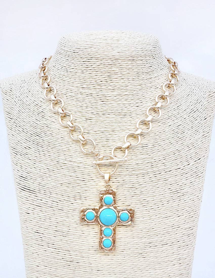 Gold Circle Chain with Turquoise Cross Pendant