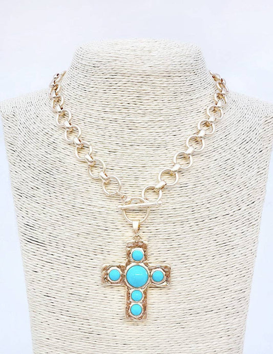 Gold Circle Chain with Turquoise Cross Pendant