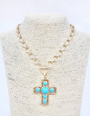 Gold Circle Chain with Turquoise Cross Pendant