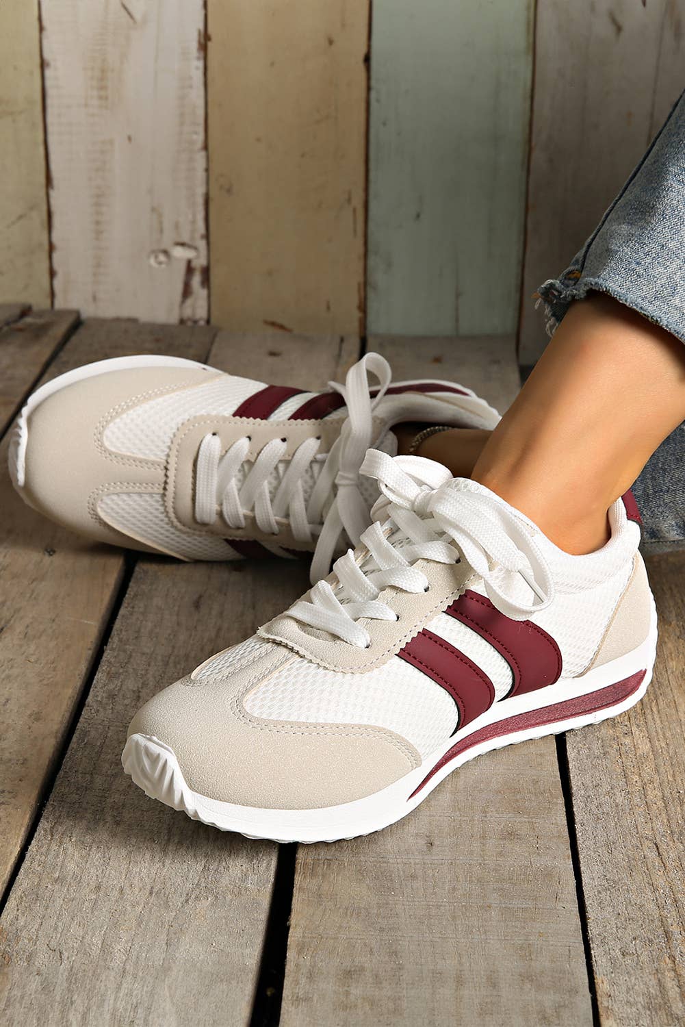 Garnet & White Lace-up Sneakers