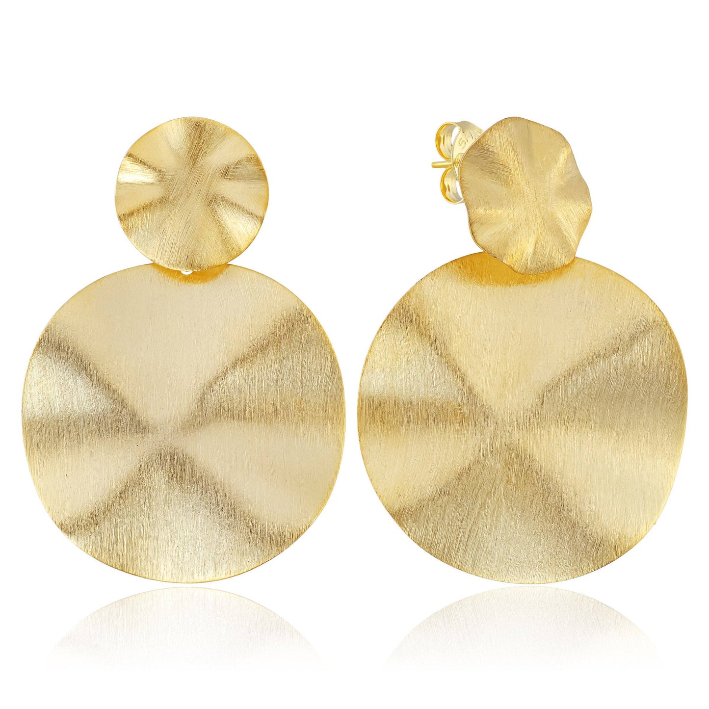 Gold earrings with textured circular design on a white background