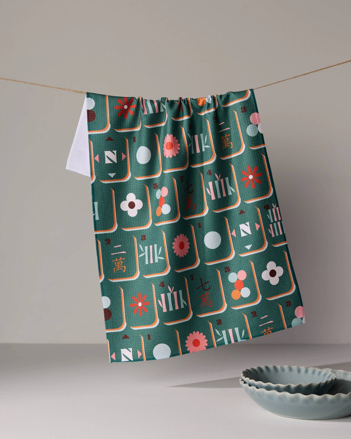 Geometry - Moss Tile Toss Tea Towel - Mahjong