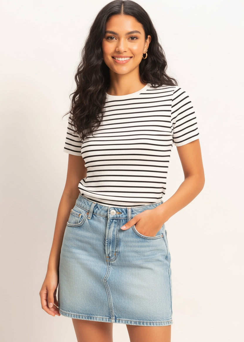 Striped Ribbed Crew Neck Knit Top