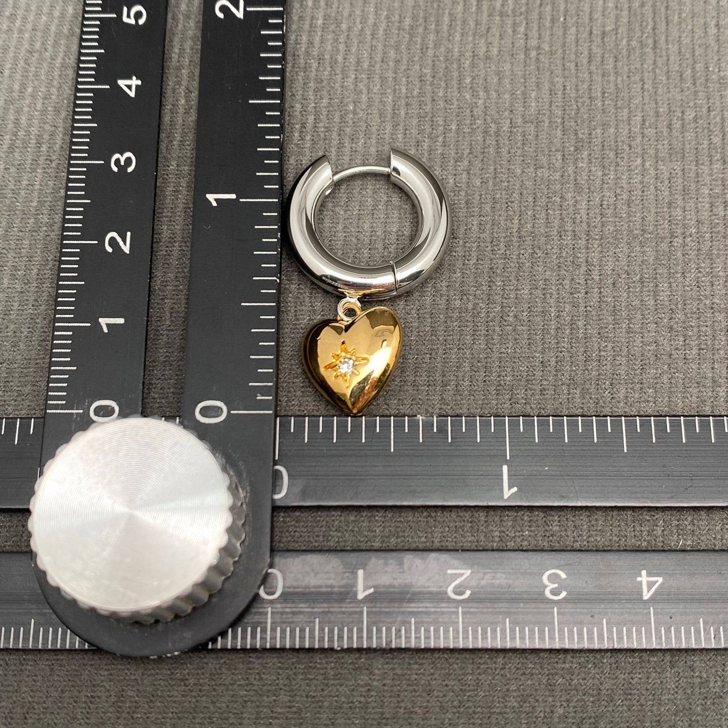 CZ Inlaid Heart Two Tone 18K Golden Huggie Earrings