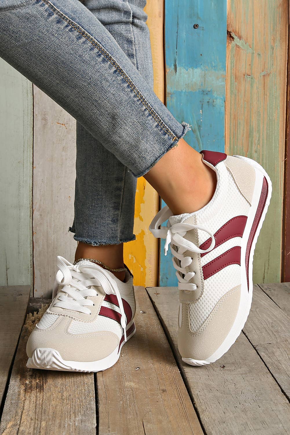 Garnet & White Lace-up Sneakers