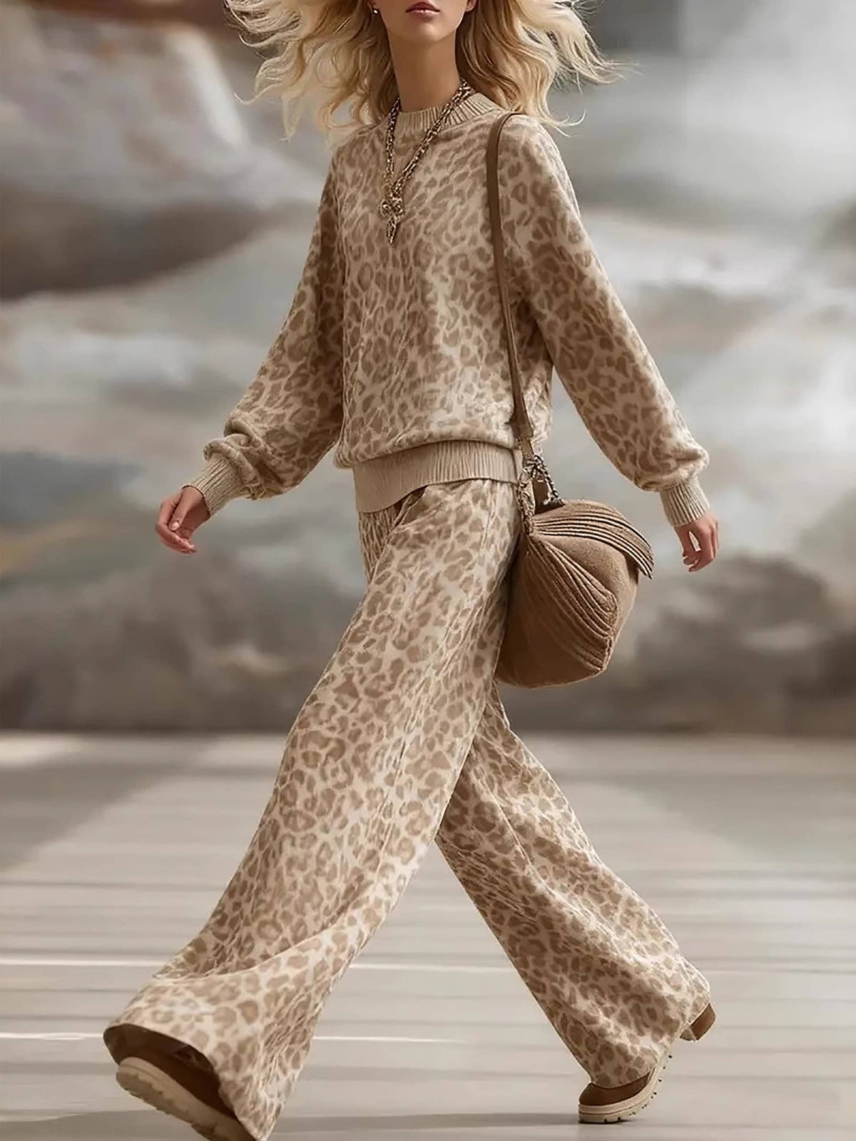 Person wearing a leopard print outfit with a neutral background