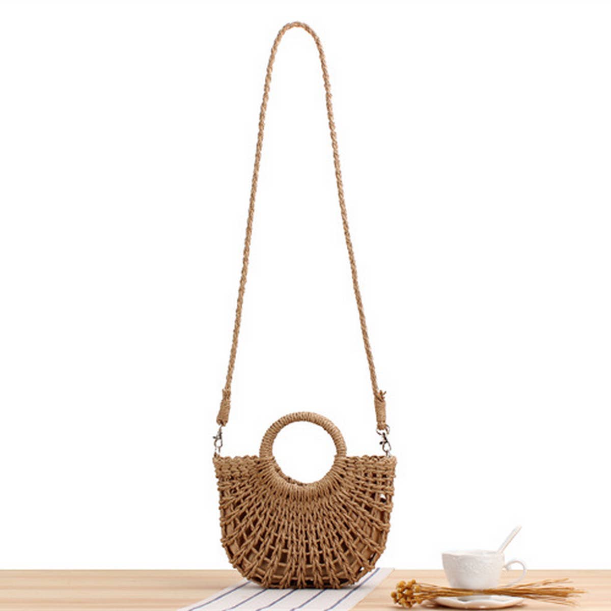 Semi-Circle Hollow Rattan Hand Bag