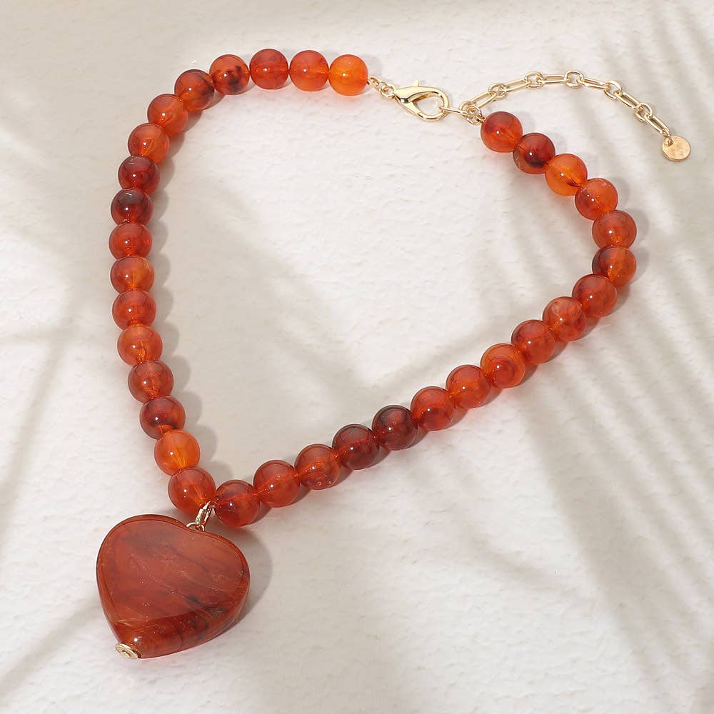 Chunky Marbled Resin Heart Charm Beaded Necklace