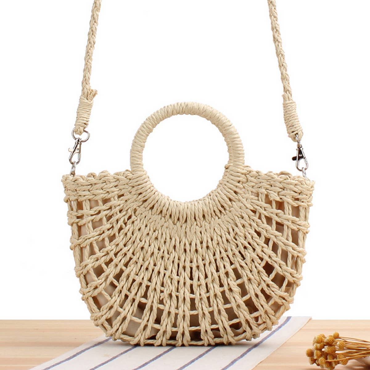 Semi-Circle Hollow Rattan Hand Bag