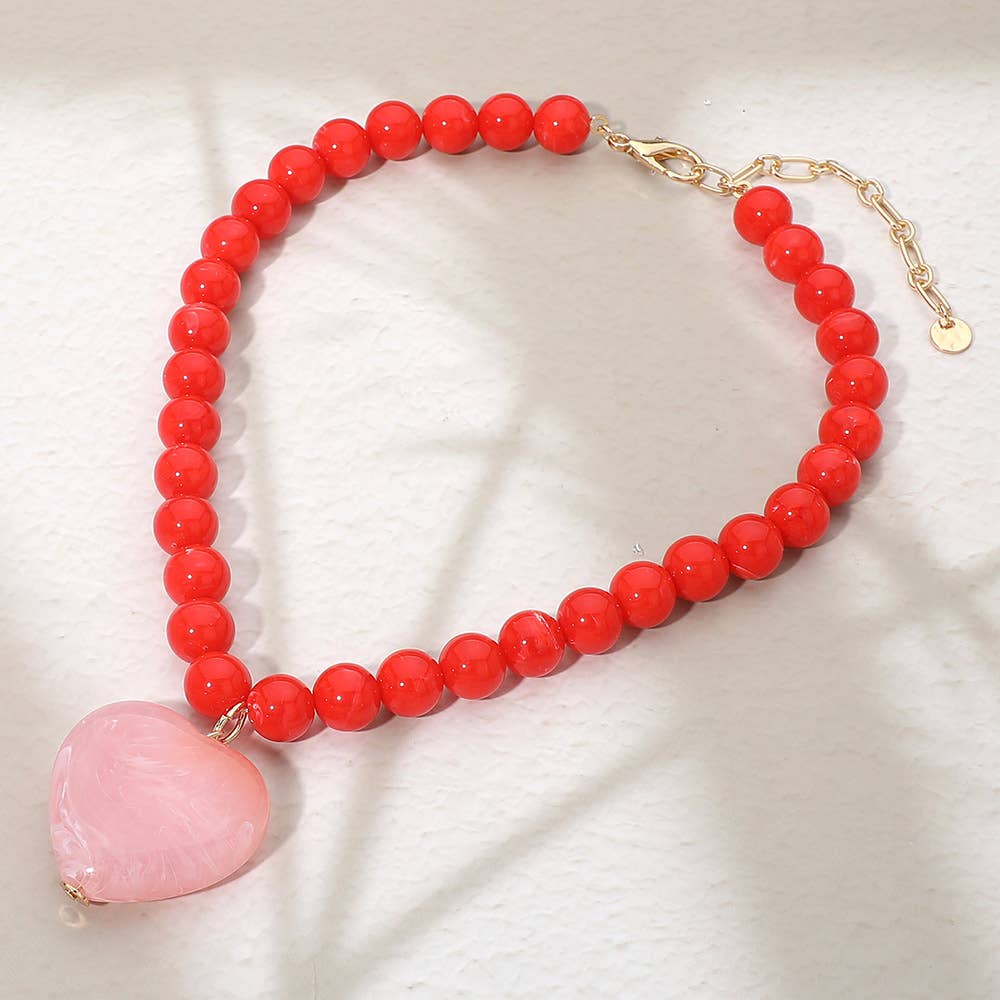 Chunky Marbled Resin Heart Charm Beaded Necklace