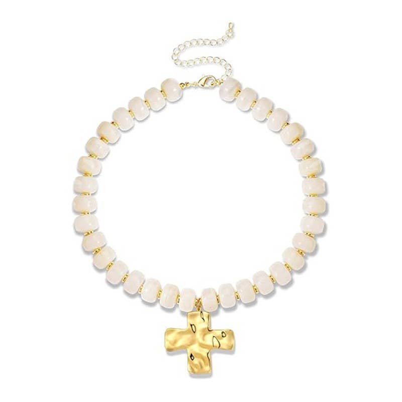 Flat Disc Bead Cross Pendant Necklace Adjustable Choker